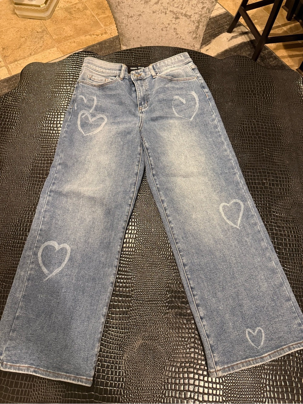 Tribal Women’s Light Blue Heart Print Wide-Leg Jeans